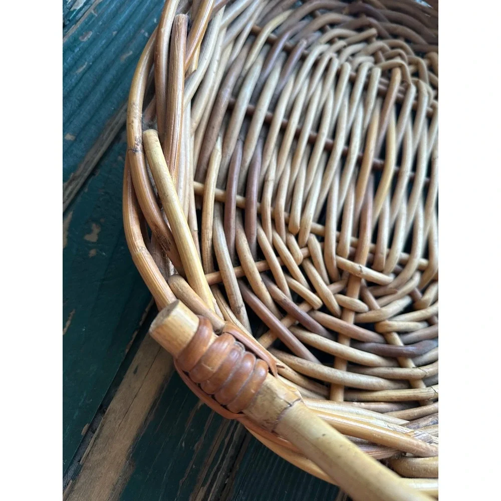 Vintage Wicker Rattan Oval Basket with Handles Rustic Boho Home Decor Storage